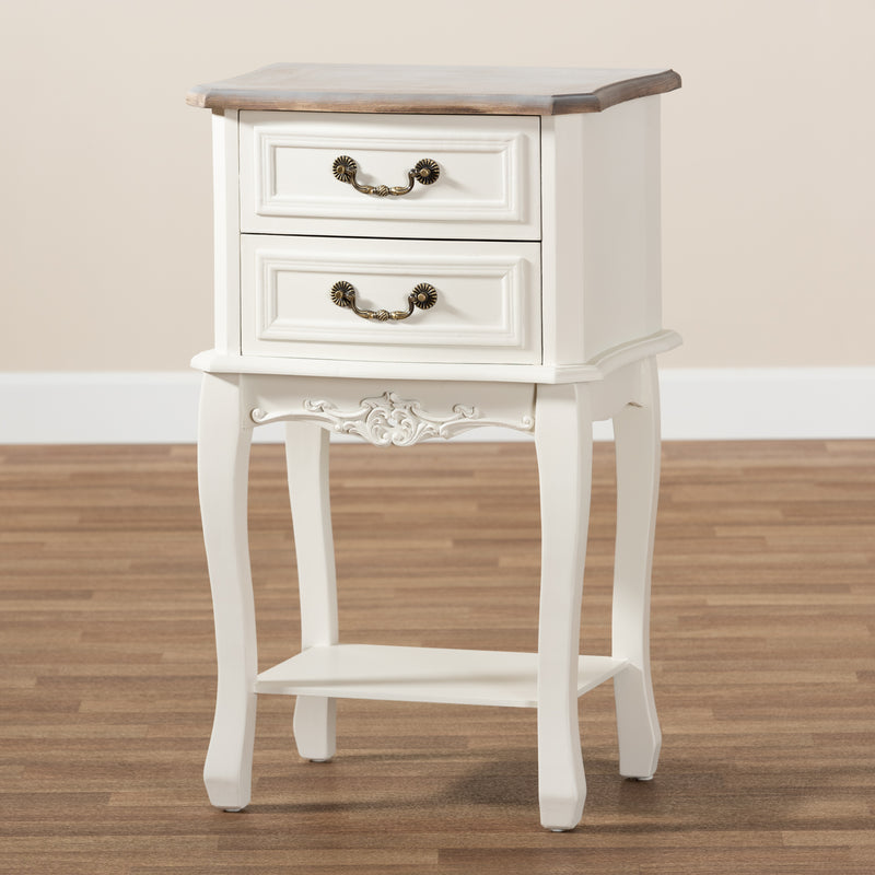 Amalie End Table Antique French Country Cottage Style Two-Tone White and Oak Finish with 2 Drawers for Storage