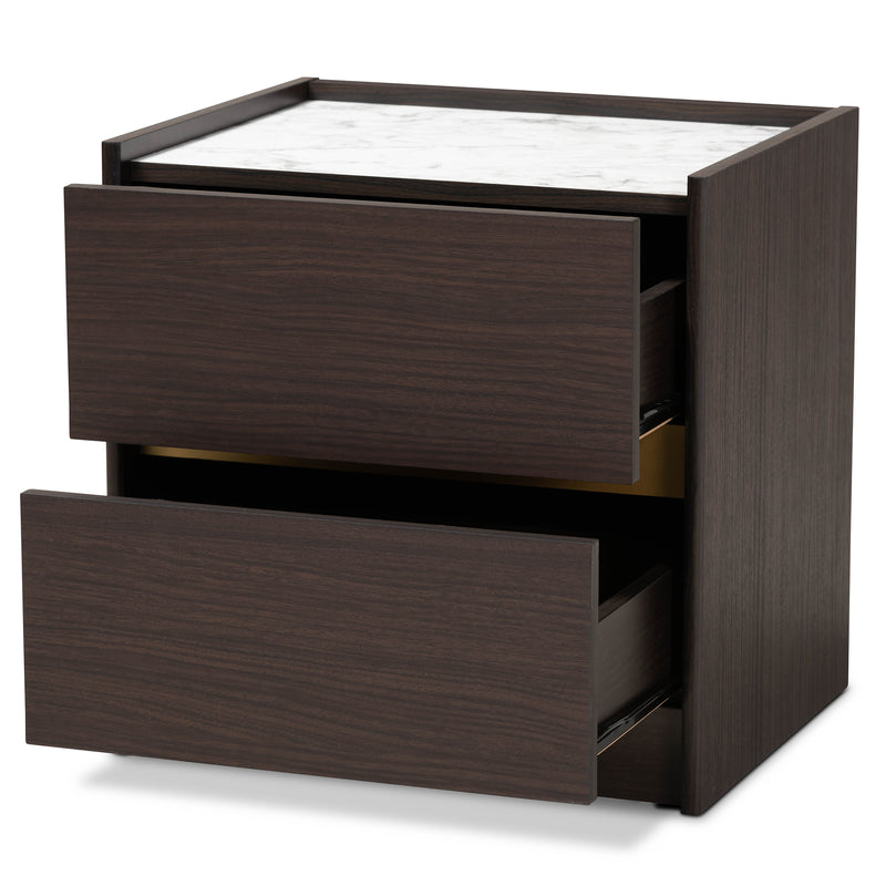 Walker Modern Contemporary Nightstand Dark Brown Gold Finished Wood Faux Marble Top Stylish Bedroom Storage