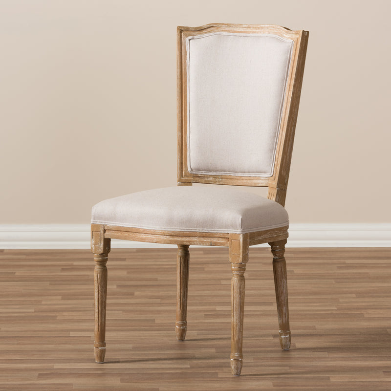 Cadencia Vintage Cottage Dining Side Chair in Weathered Oak with Beige Fabric Upholstery