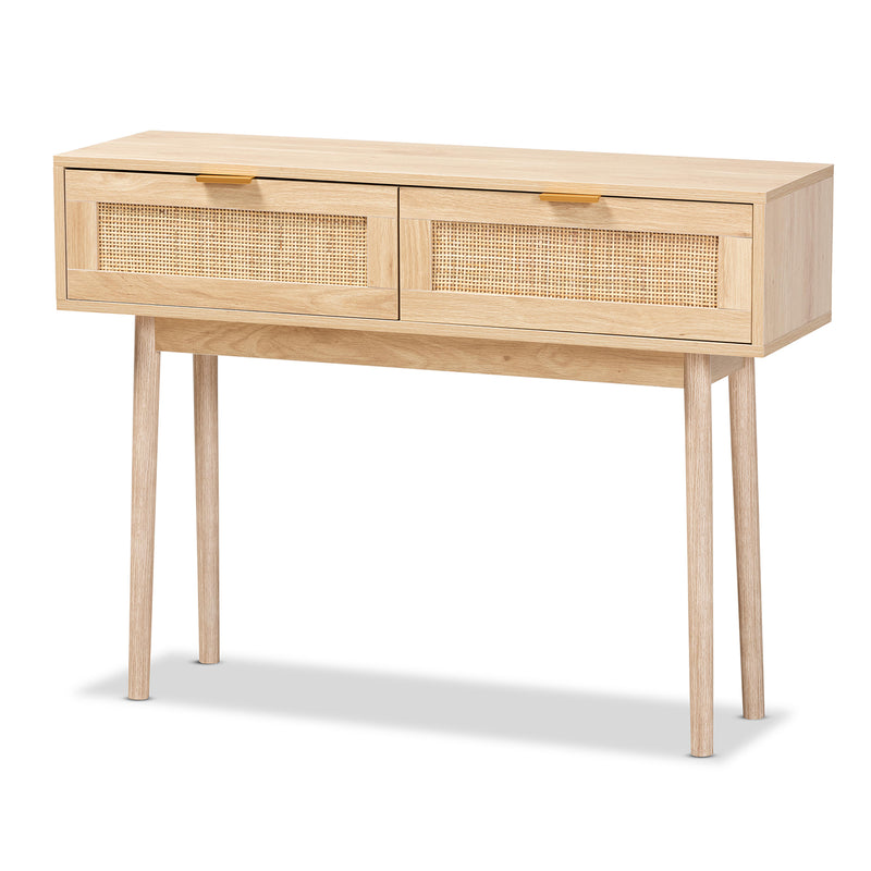 Baird Console Table - Mid-Century Modern Light Oak Brown Wood with Rattan, Featuring 2 Drawers for Stylish Storage