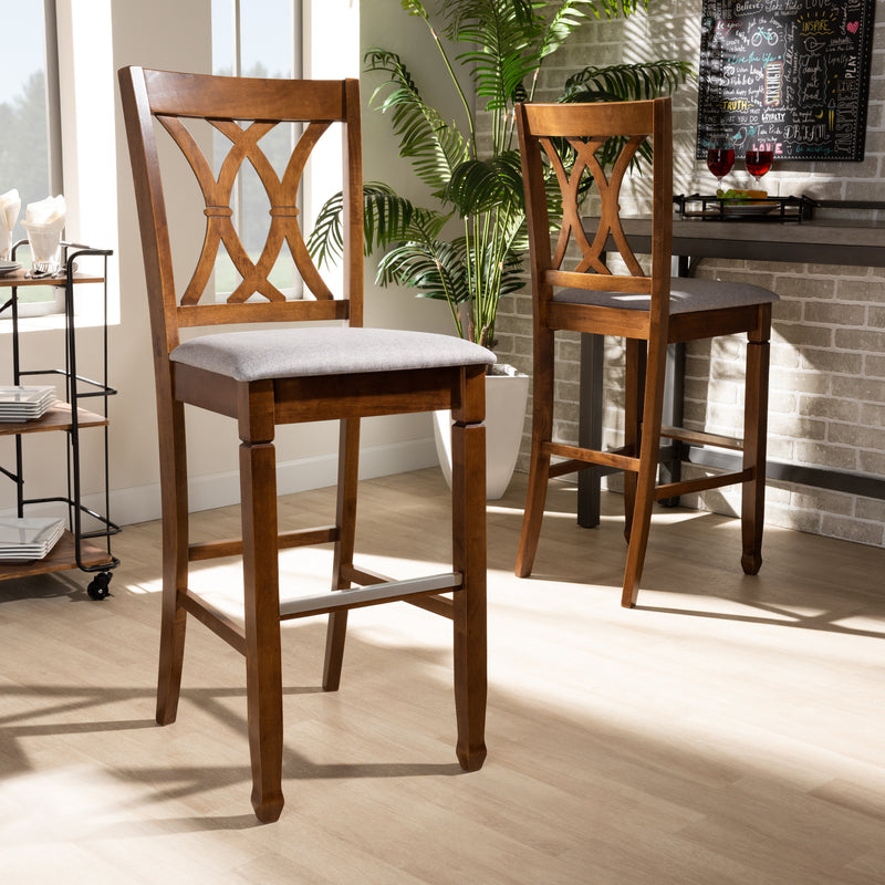 Calista Bar Stool Set Modern and Contemporary Grey Fabric Upholstered Espresso Brown Finished Wood 2-Piece