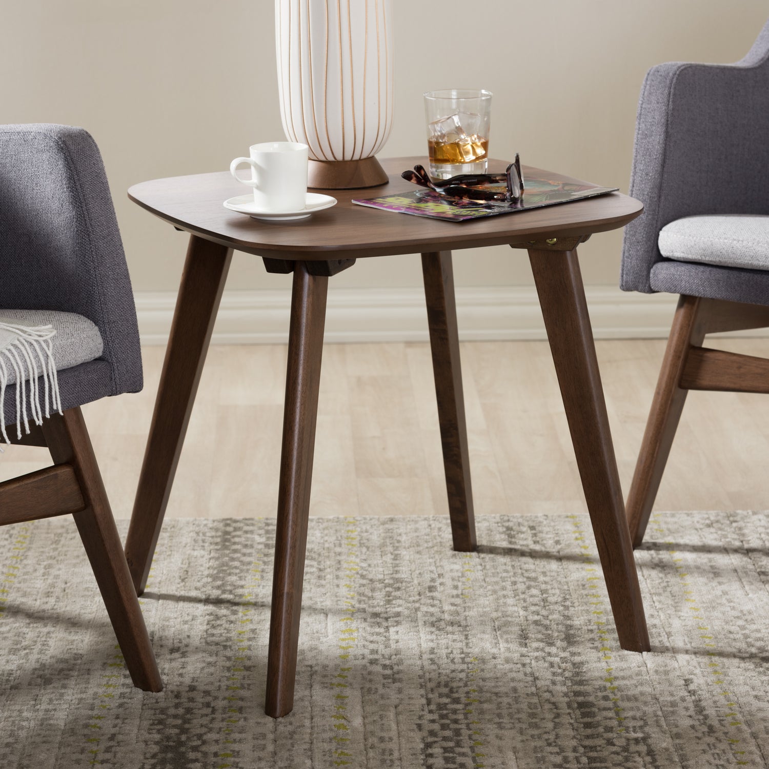 Dahlia Mid-Century Modern End Table in Walnut Wood with Stylish Design and Storage Solution