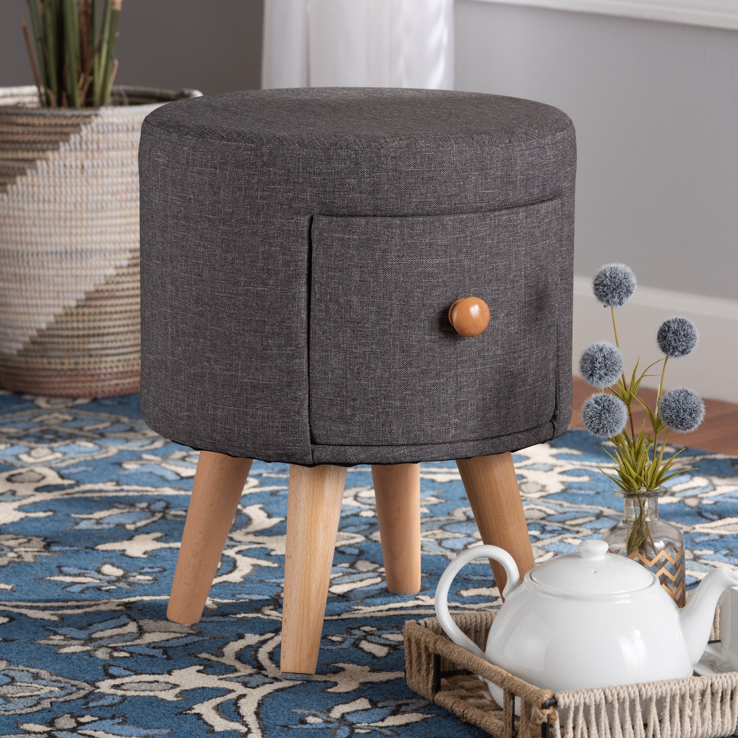 Rocco Ottoman Stool - Modern Dark Grey Fabric Upholstered with Oak Brown Wood and 1 Storage Drawer