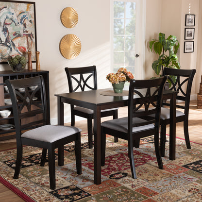 Clarke Dining Set Modern and Contemporary Grey Fabric Upholstered Espresso Brown Finished Wood 5-Piece