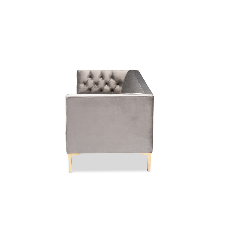 Zanetta Glam Gray Velvet Sofa with Luxe Gold Finish