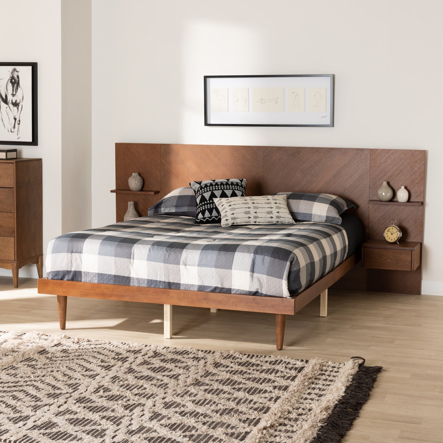 Graham Queen Size Platform Bed Mid-Century Modern Design in Ash Walnut Finish with Built-In Nightstands and Storage Solutions