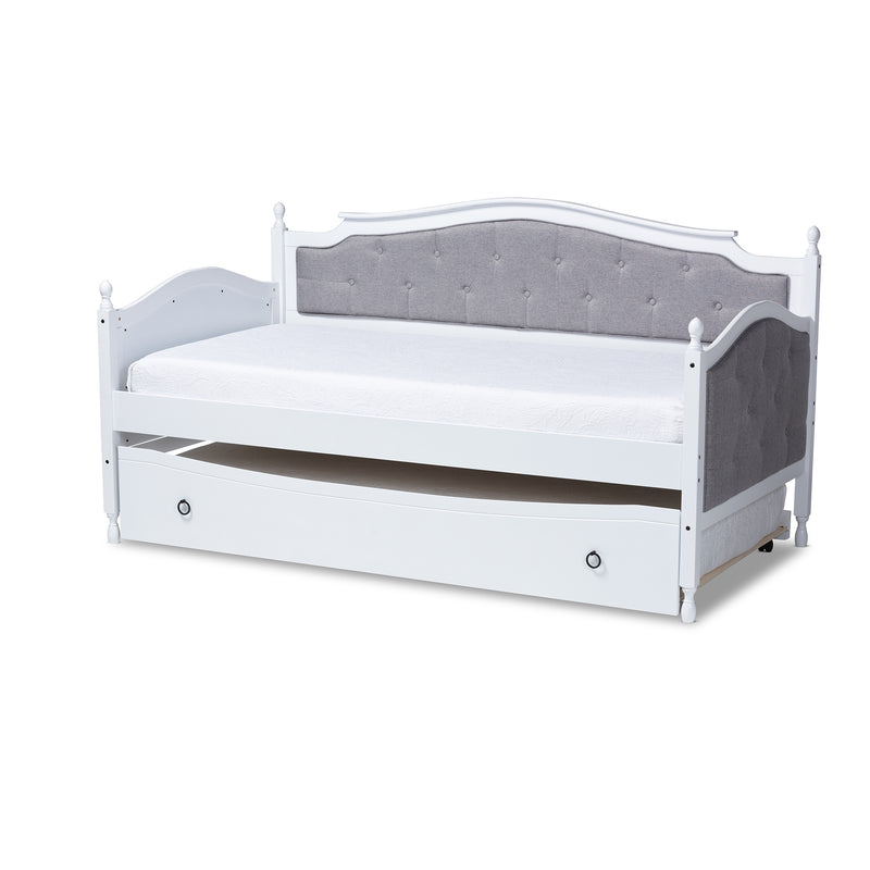 Marlie Twin Size Daybed with Trundle Classic Grey Fabric Upholstered Design on White Finished Wood Frame