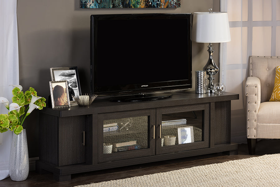 Viveka 70-Inch TV Cabinet in Greyish Dark Brown Wood with 2 Glass Doors and 2 Solid Doors for Stylish Living Room Storage Solutions