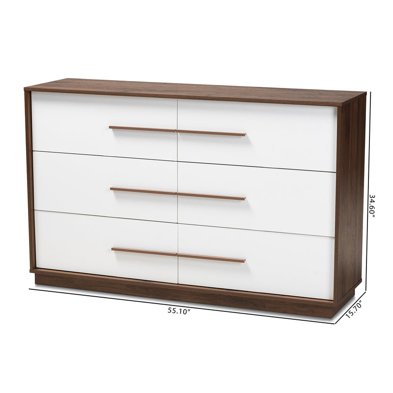 Mette Mid-Century Modern 6-Drawer Wood Dresser in White and Walnut Finish - Stylish Storage for Bedroom or Living Room