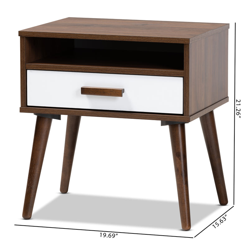 Quinn Mid-Century Modern End Table - Two-Tone White and Walnut Wood with 1 Drawer for Stylish Living Room Storage