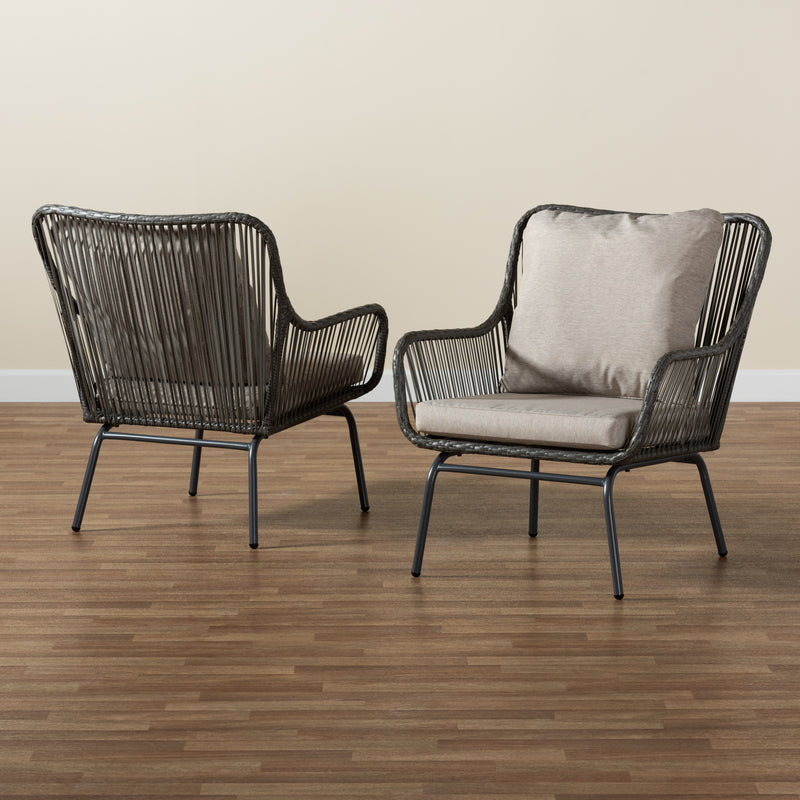 Dermot Patio Chair Set - Modern 2-Piece Upholstered Chairs in Beige Fabric and Grey Synthetic Rattan for Outdoor Living Spaces