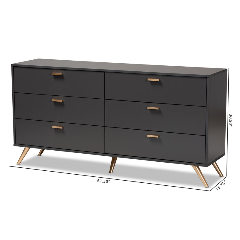 Kelson Modern 6-Drawer Dresser in Dark Grey and Gold Finished Wood, Stylish Storage for Bedroom or Living Room