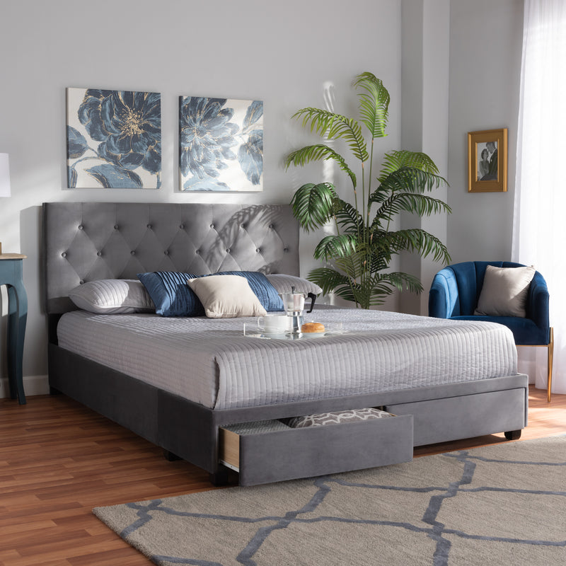 Caronia Platform Storage Bed - Modern and Contemporary Grey Velvet Fabric Upholstered with 2 Drawers