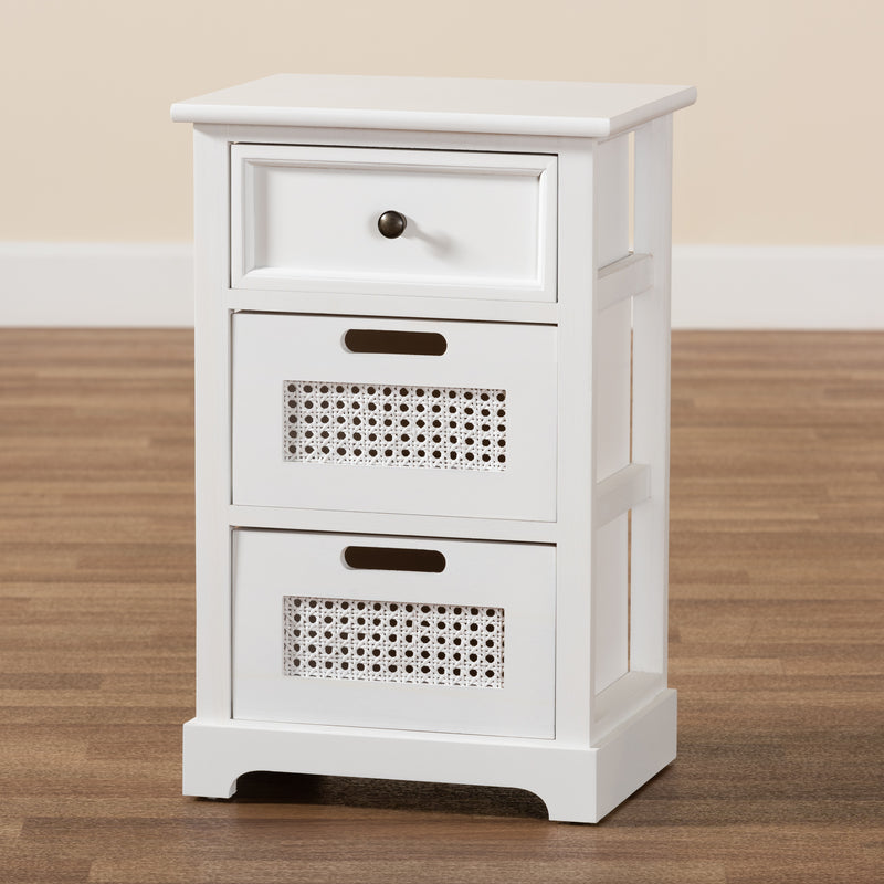 Pratt Modern End Table with 3 Drawers, White Wood and Rattan Design for Living Room or Bedroom Storage