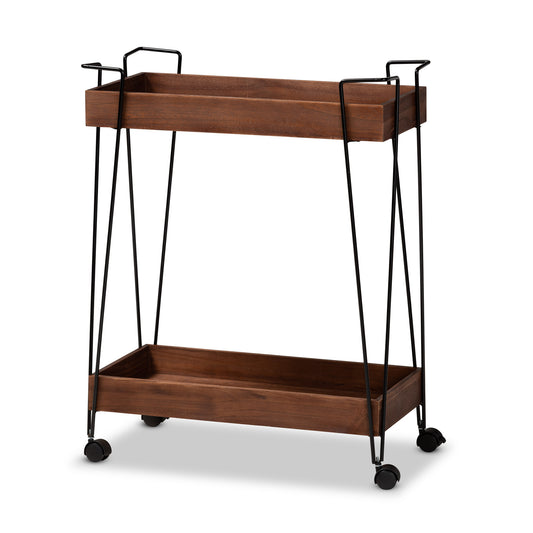 Reynard Wine Cart Modern Industrial 2-Tier Design with Walnut Brown Wood and Black Metal Frame for Stylish Home Bar or Dining Room