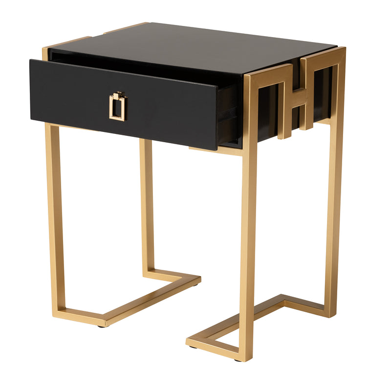 Luna End Table - Contemporary Glam Design with Black Wood and Gold Metal Accents