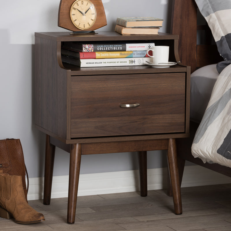 Disa Mid-Century Modern Nightstand Walnut Brown Finish with Storage Drawer and Stylish Design