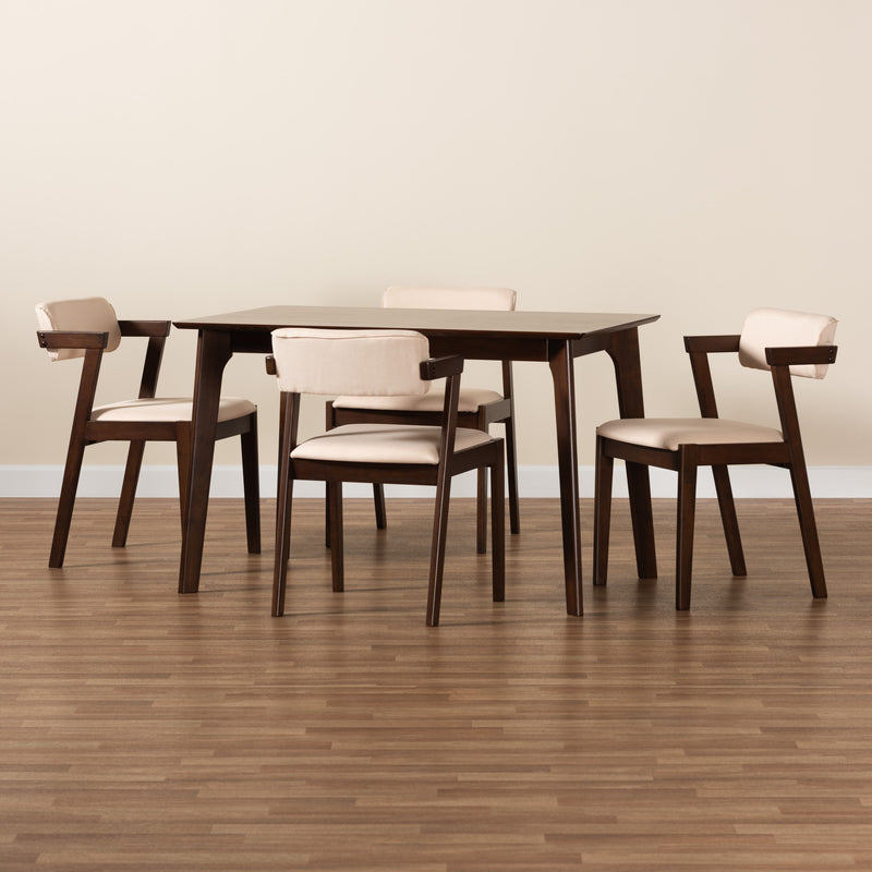 Althea Dining Set Mid-Century Modern 5-Piece Cream Fabric and Dark Brown Wood Collection for Stylish Dining Rooms