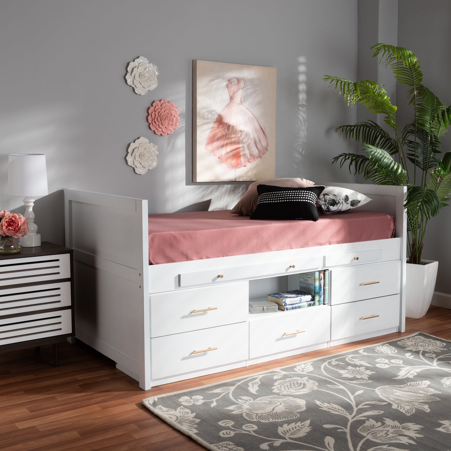 Mirza Twin Size Storage Bed Modern White Finished Wood Design with 5 Drawers and Pull-Out Desk for Efficient Space Management