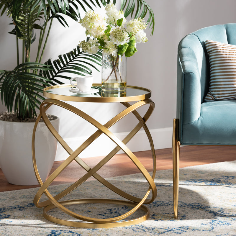 Desma Glam Luxe End Table with Gold Finished Metal and Mirrored Glass for Elegant Living Spaces