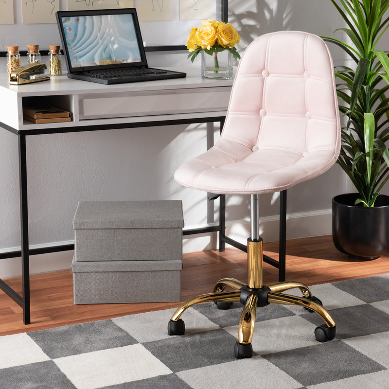 Kabira Office Chair Contemporary Glam and Luxe Grey Velvet Fabric with Gold Metal Swivel