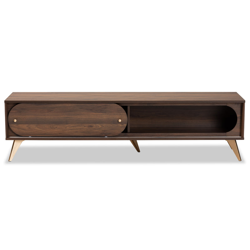 Dena TV Stand Mid-Century Modern Walnut Brown Wood with Gold Finish for Stylish Living Room Storage and Entertainment