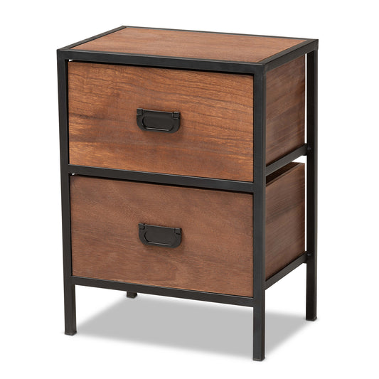 Hillard Modern Industrial End Table Walnut Brown Wood with Black Metal, 2-Drawer Design for Stylish Storage and Organization