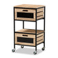 Olinda End Table Modern Industrial Design with Oak Brown Wood and Black Metal Featuring 2 Storage Drawers