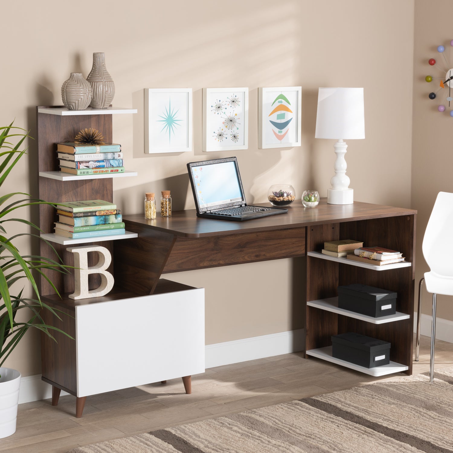 Tobias Mid-Century Modern Computer Desk - Two-Tone White and Walnut Wood with Shelves for Stylish Storage and Organization