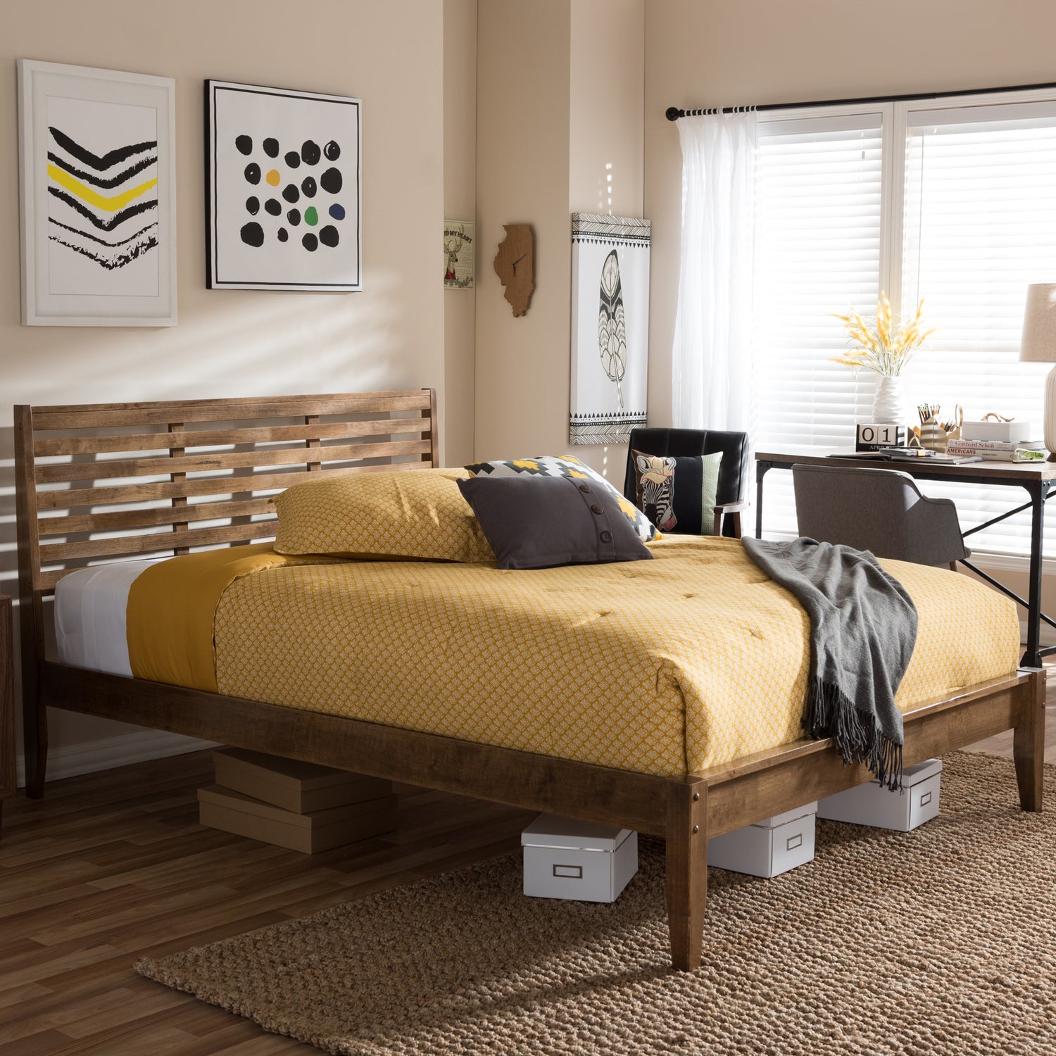 Daylan Queen Size Platform Bed - Mid-Century Modern Solid Walnut Wood with Slatted Design for a Stylish Bedroom