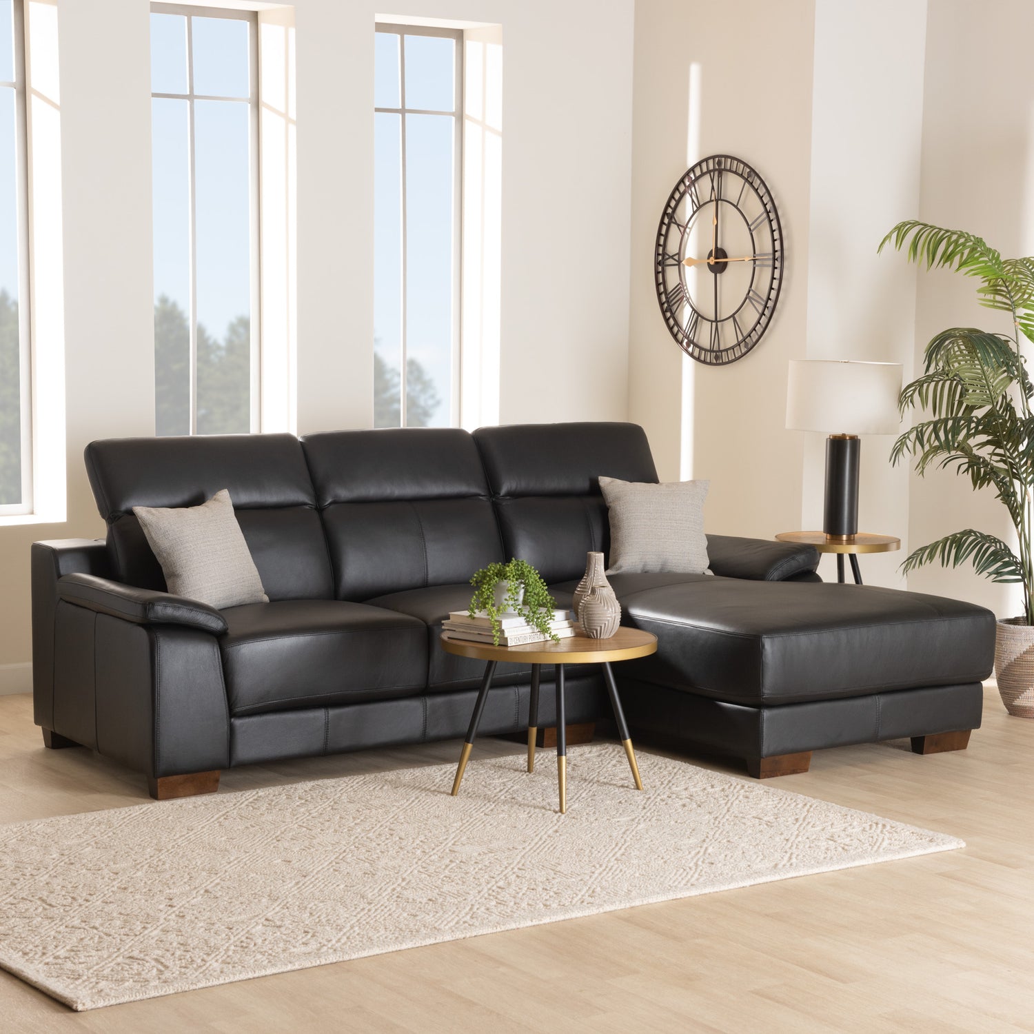 Reverie Sectional Sofa Modern Black Full Leather with Right Facing Chaise