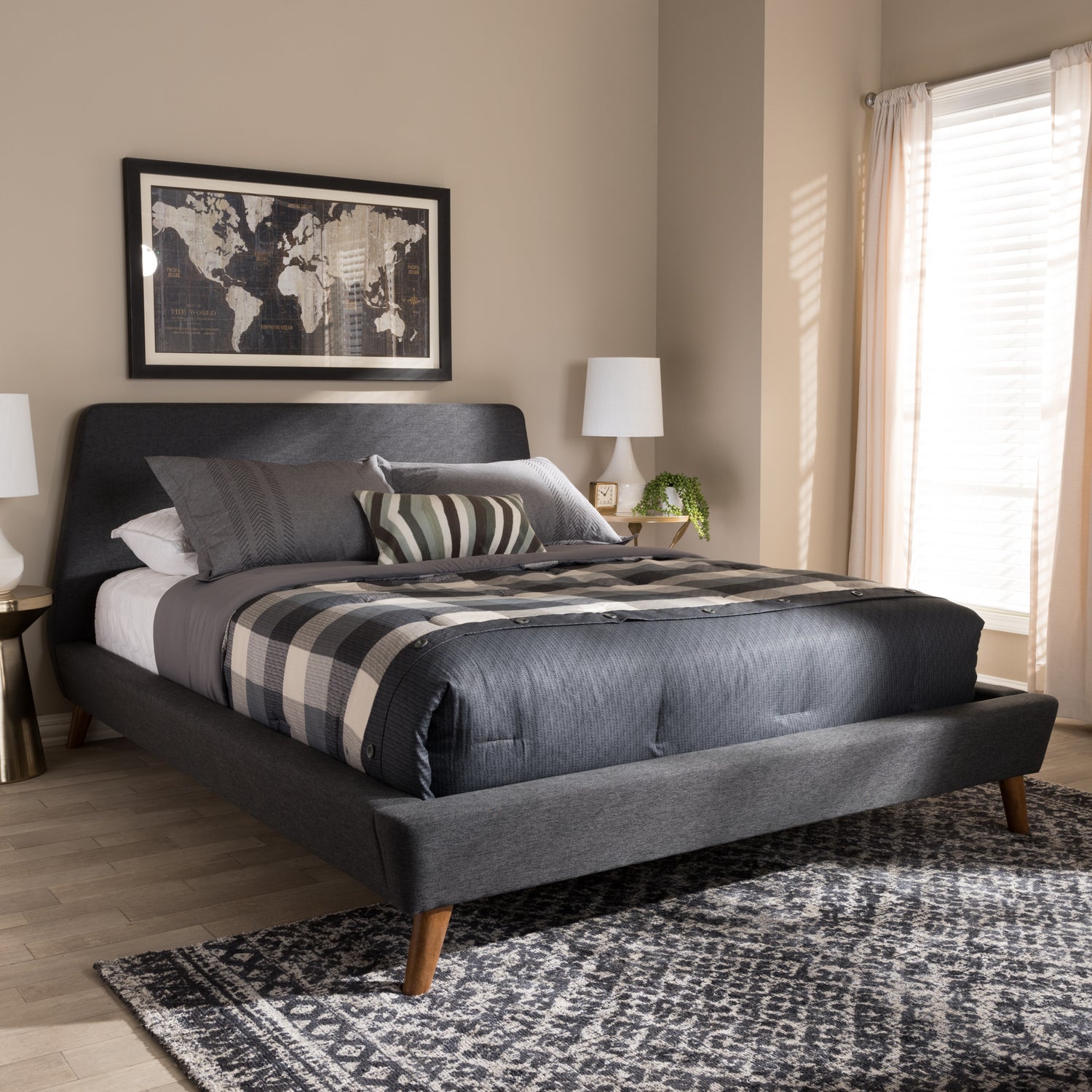 Sinclaire Queen Platform Bed - Modern Dark Grey Fabric Upholstered with Walnut Finish