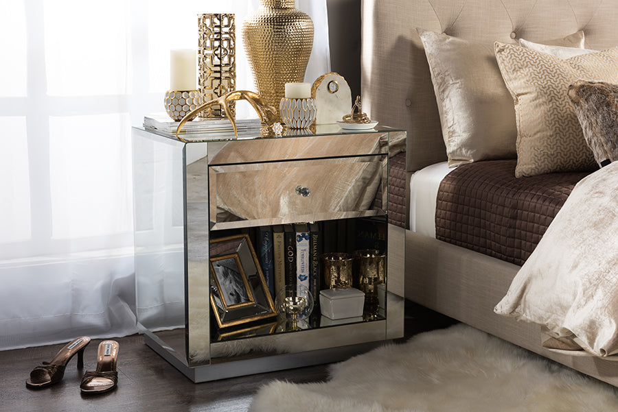 Rochadh End Table in Modern Hollywood Glamour Style with 1 Drawer and 1 Shelf for Stylish Living Room Decor