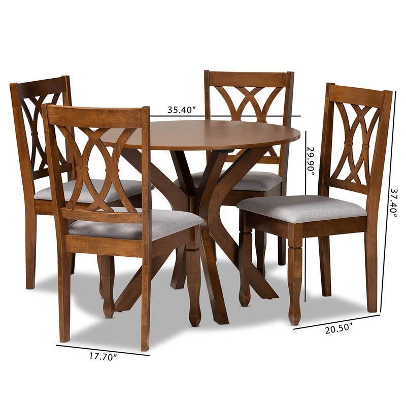 Maya 5-Piece Dining Set Modern Grey Fabric Upholstered Chairs with Walnut Brown Finished Wood Table