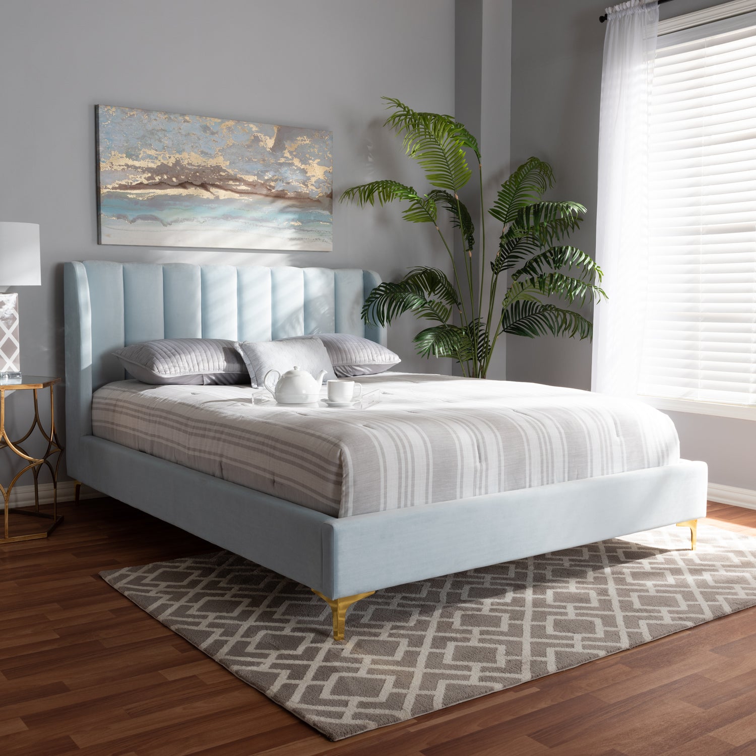 Saverio Platform Bed - Glam and Luxe Light Blue Velvet Fabric with Gold-Tone Legs