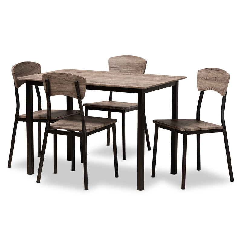 Marcus Modern Industrial 5-Piece Dining Set with Black Metal Frame and Rustic Oak Finish