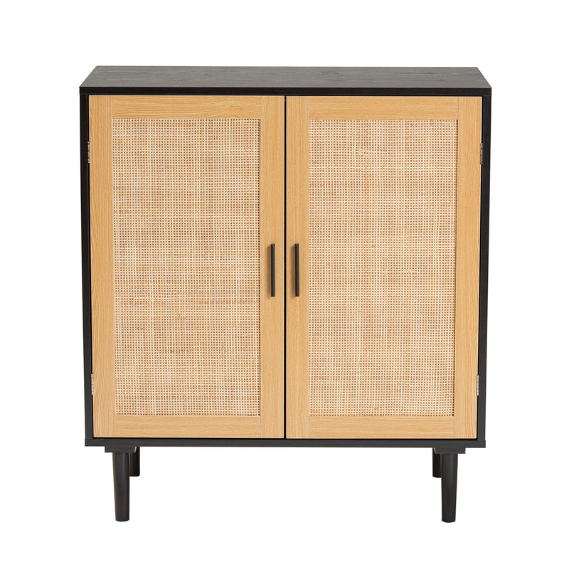 Maureen Storage Cabinet Mid-Century Modern Espresso Brown Wood and Rattan 2-Door Design for Stylish Organization