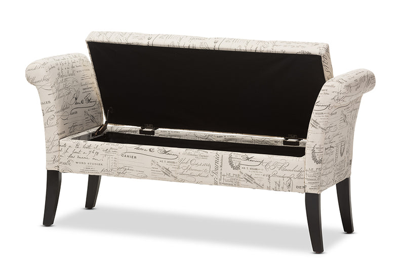 Avignon Fabric Storage Ottoman Bench with Script Pattern for French Laundry Style Home Decor