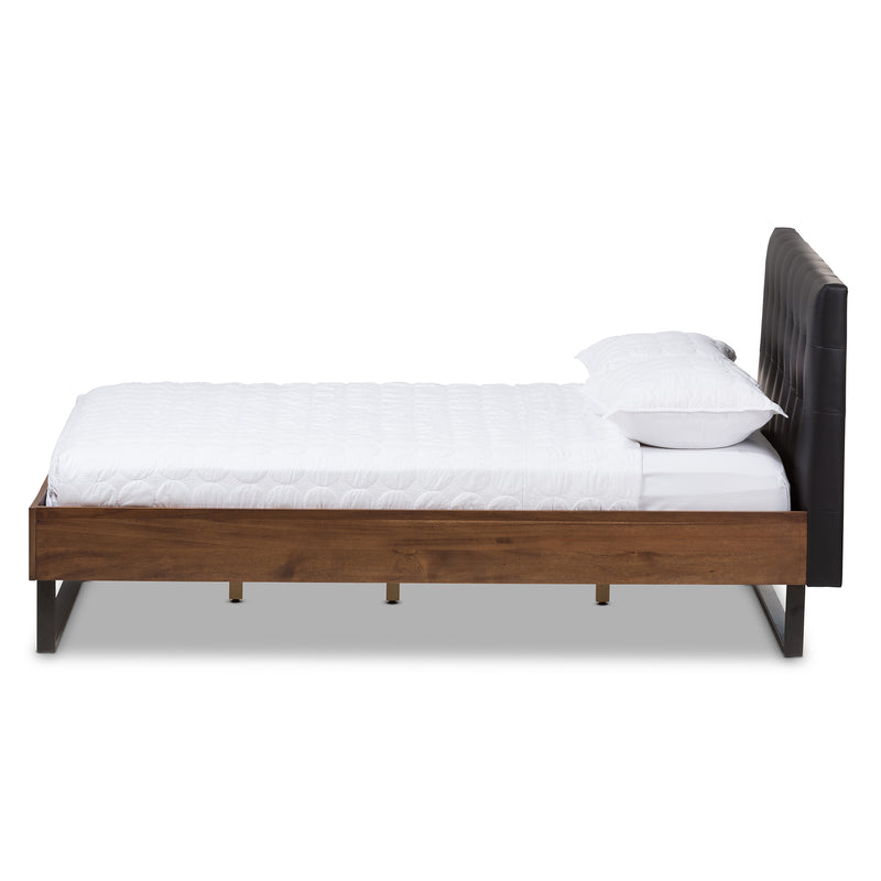 Mitchell Platform Bed - Rustic Industrial Walnut Wood with Black Faux Leather and Dark Bronze Metal