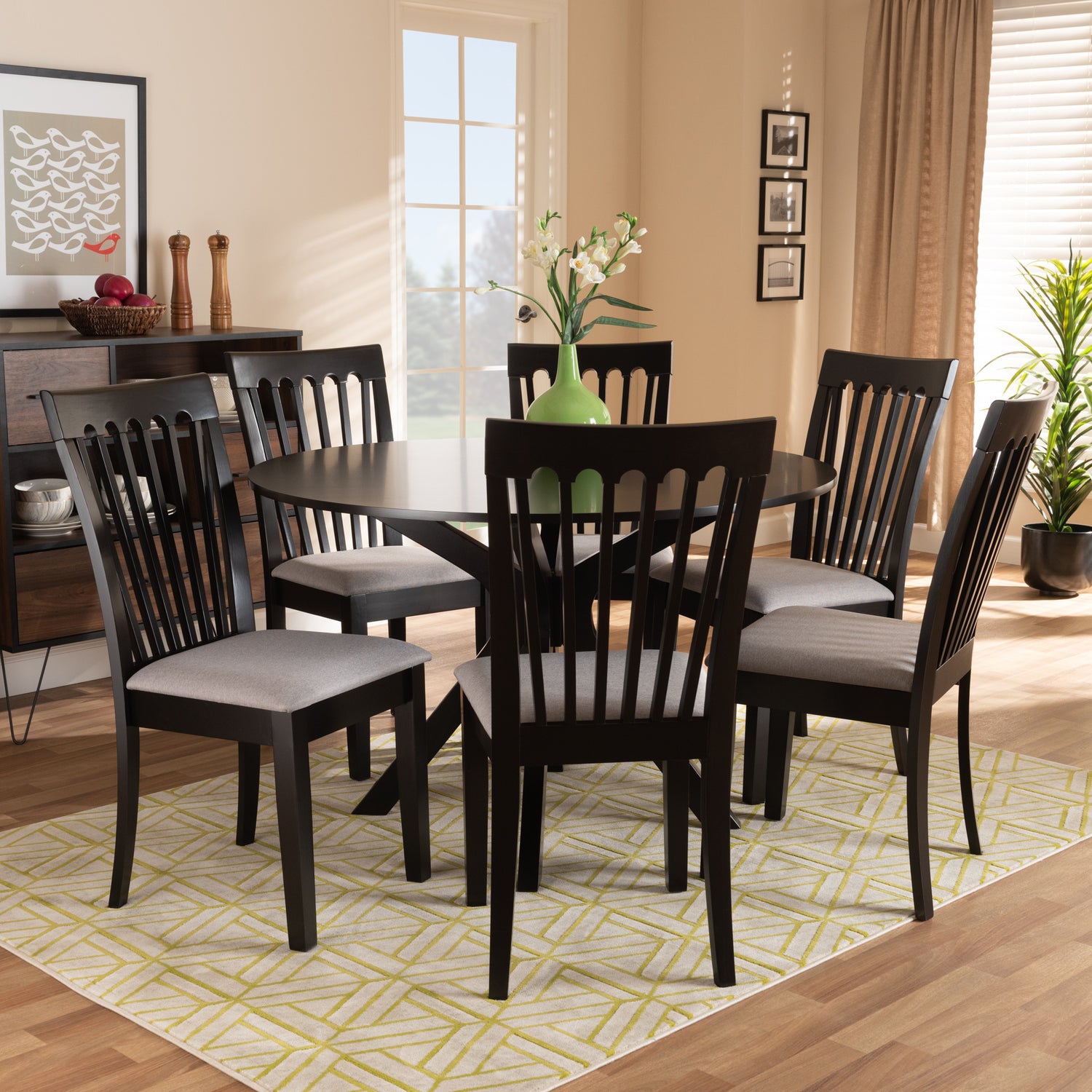 Lore Dining Set Modern Contemporary Grey Fabric Upholstered Dark Brown Finished Wood 7-Piece