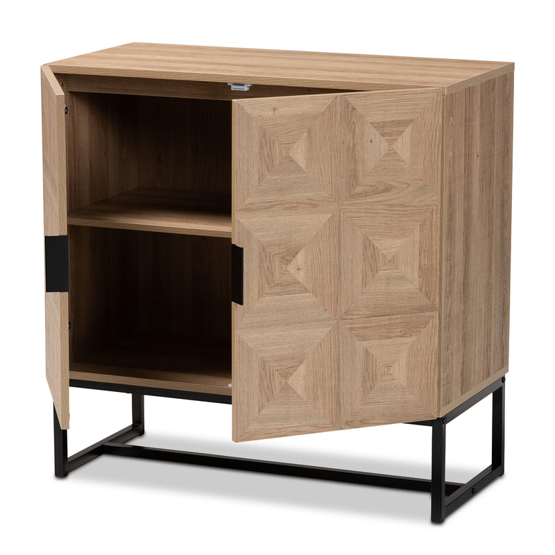 Darien Storage Cabinet Modern Contemporary Design Natural Brown Wood Black Metal 2 Doors for Stylish Organization