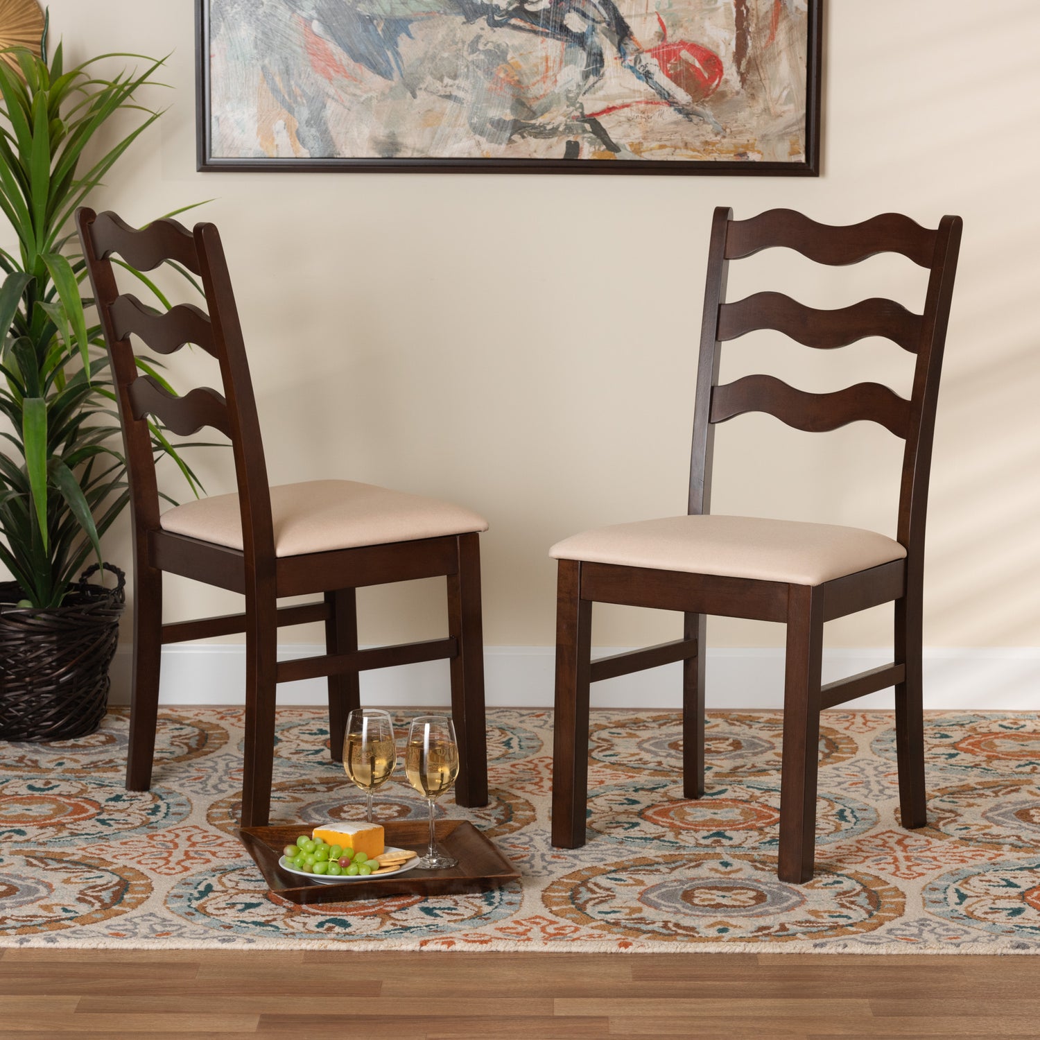 Amara Dining Chair Set Mid-Century Modern Cream Fabric and Dark Brown Finished Wood 2-Piece