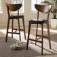 Eline Bar Stool Set of 2 Mid-Century Modern Black Faux Leather Upholstered Walnut Finish