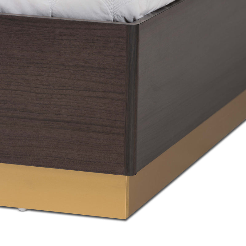 Arcelia Queen Size Platform Bed Contemporary Glam Luxe Design Two-Tone Dark Brown Gold Finished Wood