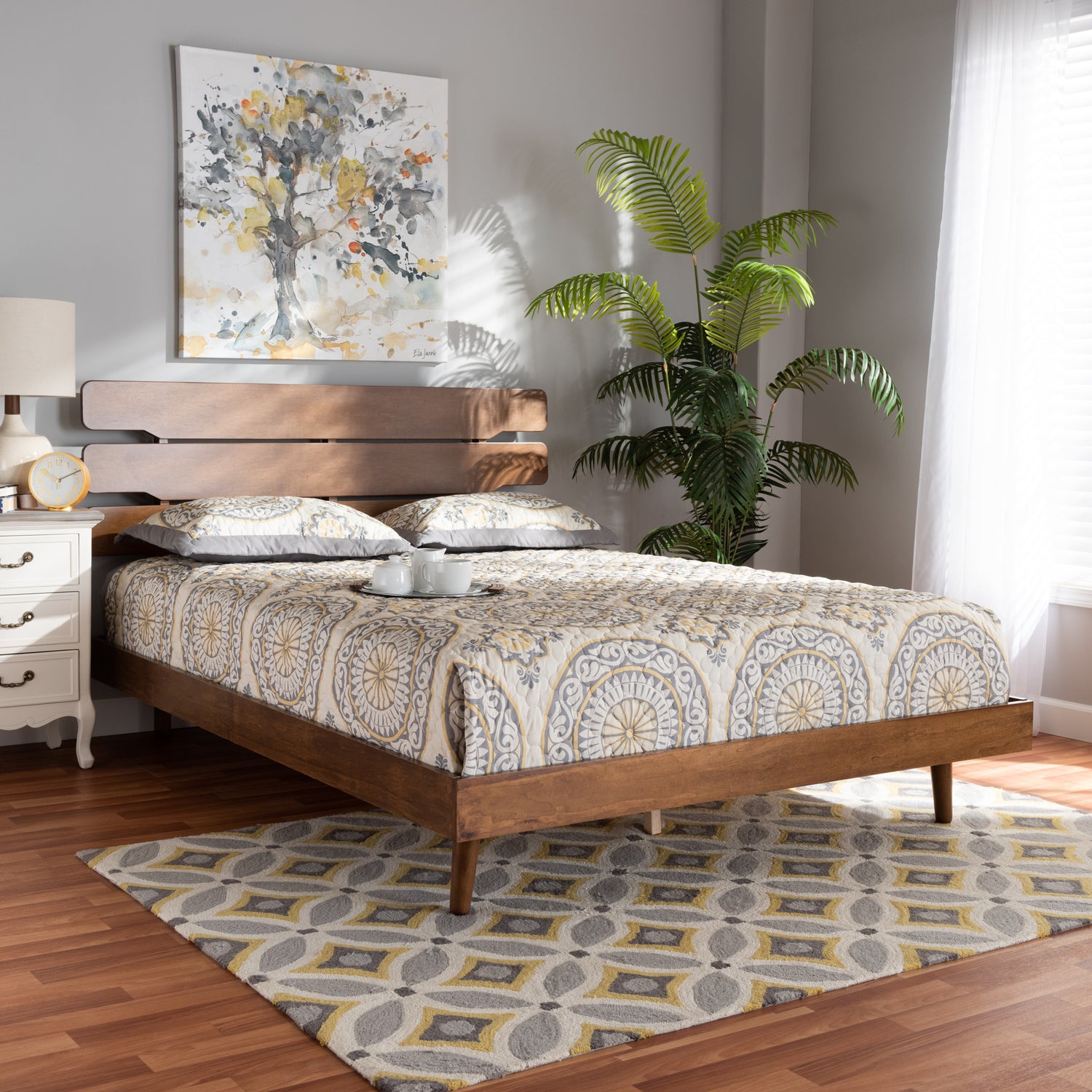 Anzia Queen Size Platform Bed - Mid-Century Modern Walnut Finish, Stylish and Durable Bedroom Furniture