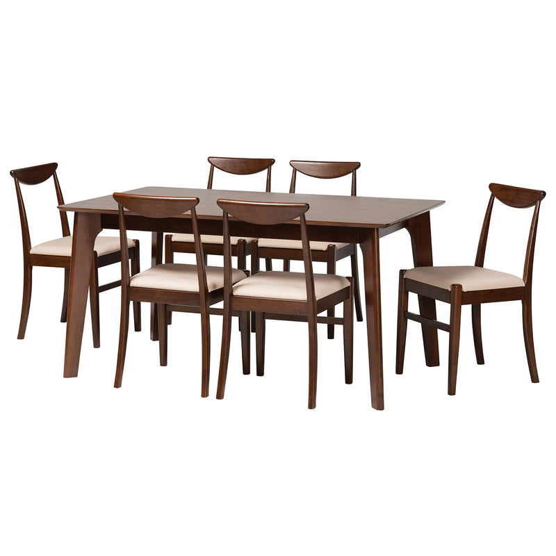 Delphina 7-Piece Dining Set Mid-Century Modern Cream Fabric Chairs with Dark Brown Wood Table Stylish Elegant Dining Room Furniture