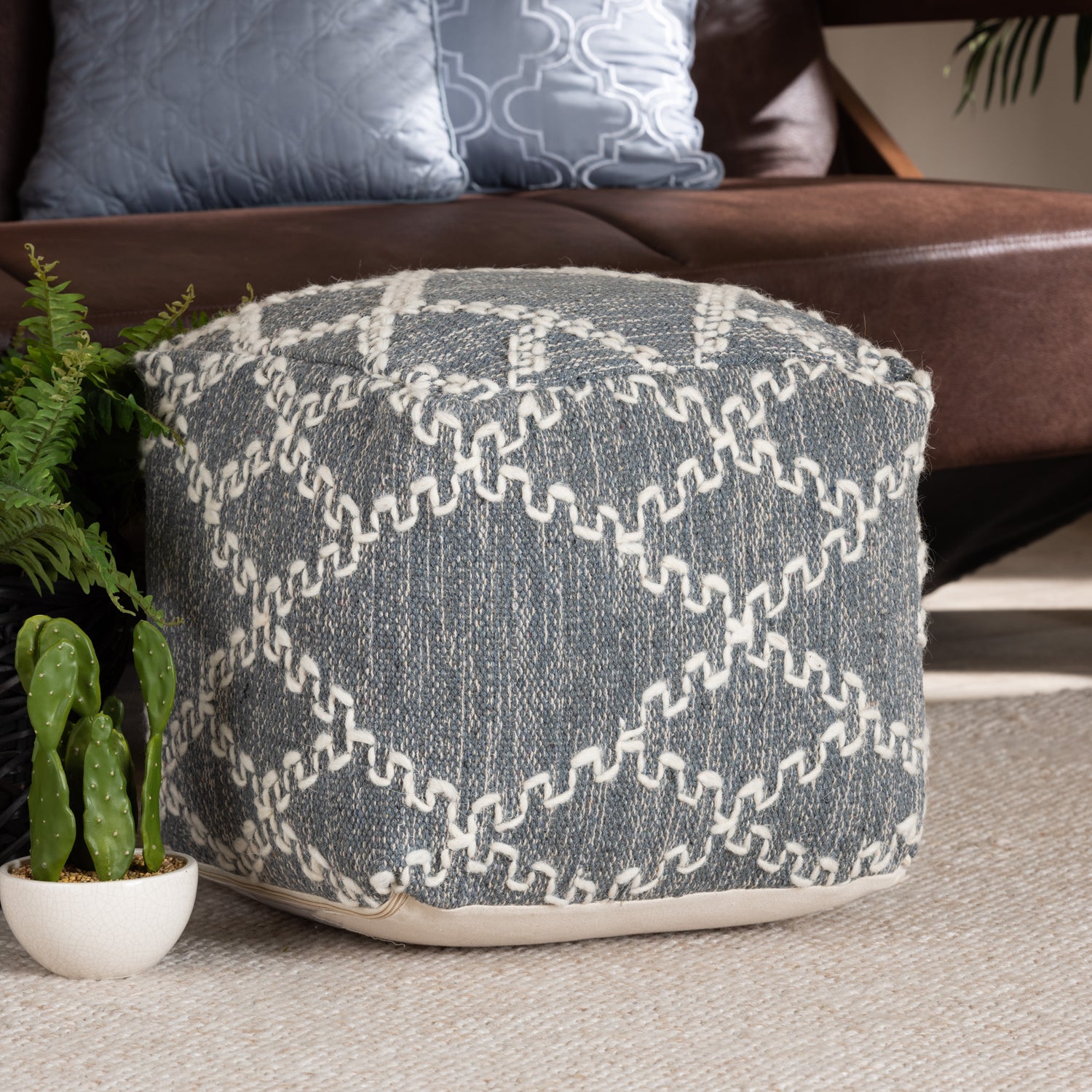 Geyne Pouf Ottoman Modern Handwoven Cotton Blend in Grey and Ivory