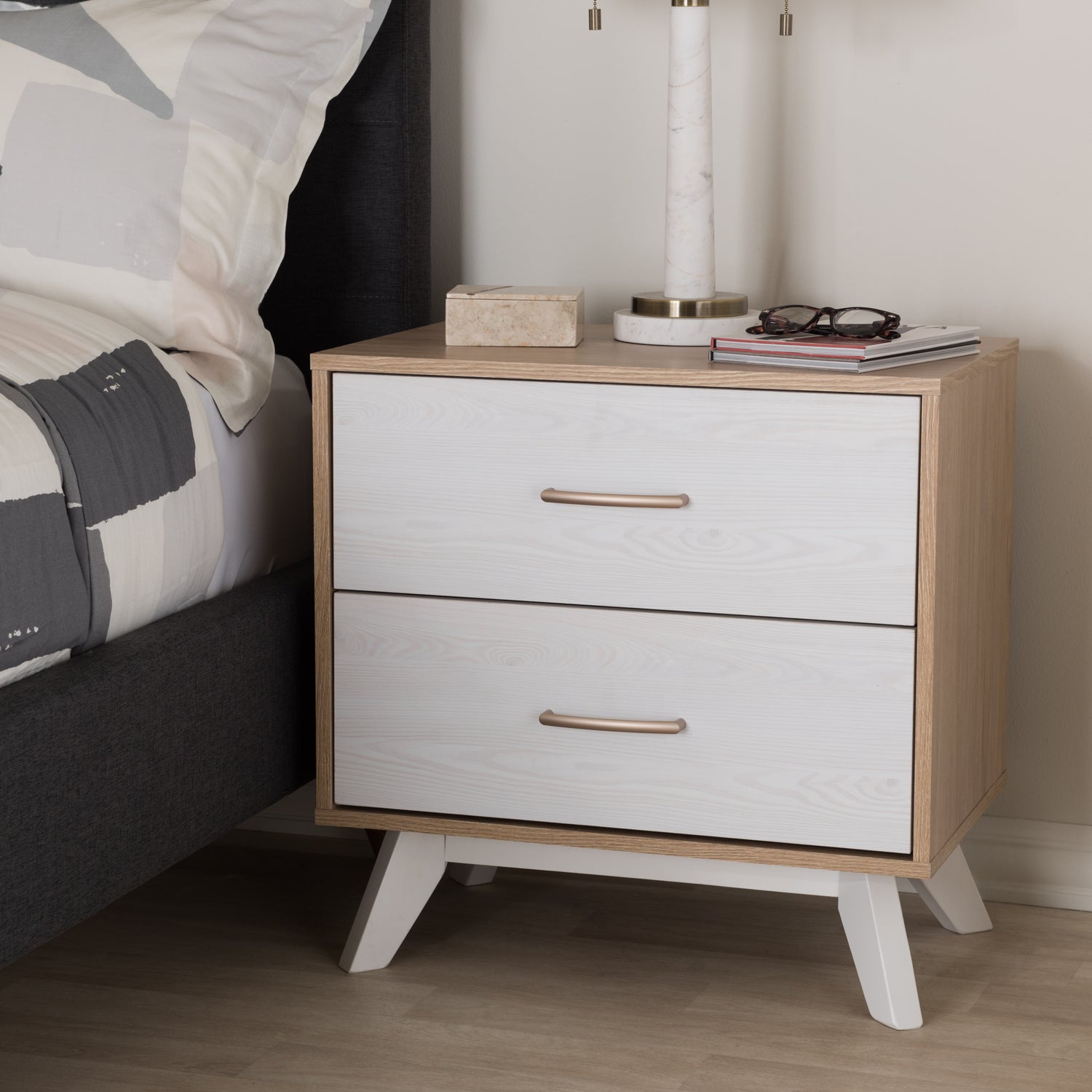 Helena Nightstand Mid-Century Modern Natural Oak and Whitewashed Wood 2-Drawer Design for Stylish Bedroom Storage