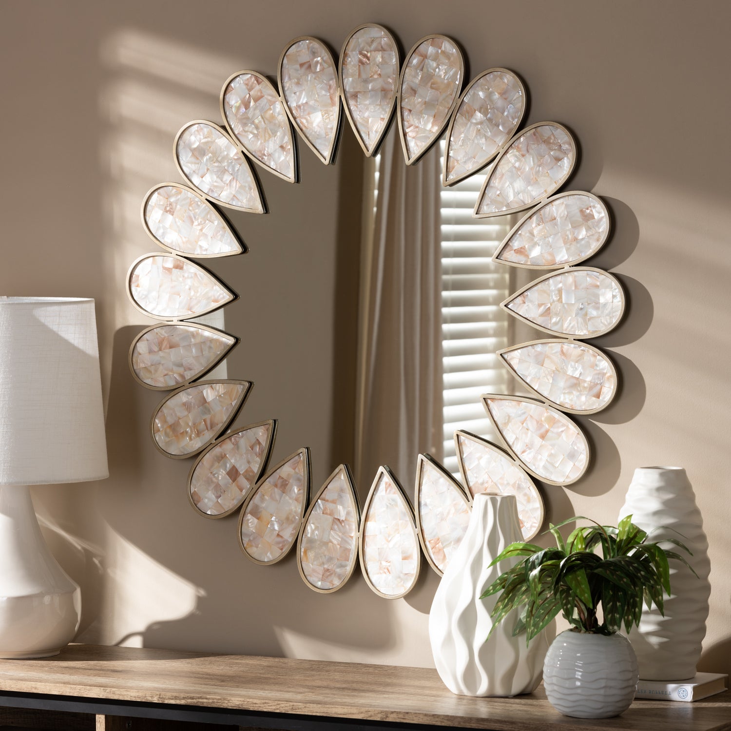 Savita Round Wall Mirror Modern Antique Silver Finished Shell Petal Design for Home Decor