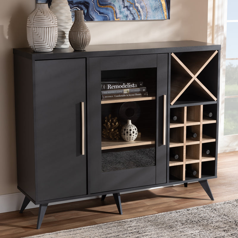 Pietro Wine Cabinet Mid-Century Modern Dark Grey and Oak Finished